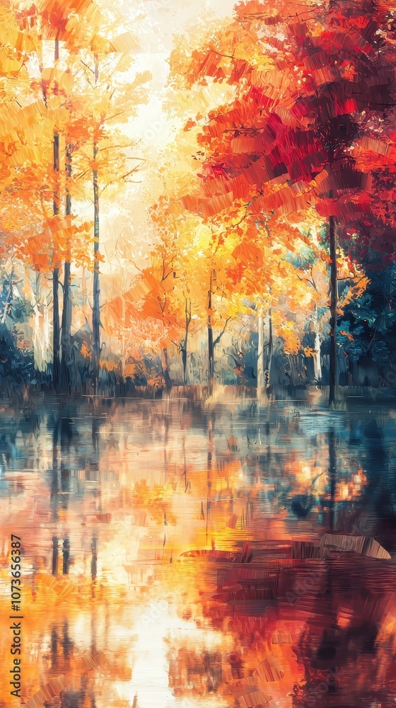 Fototapeta premium Explore the warm and cozy atmosphere of a blurry autumn forest reflected in tranquil waters