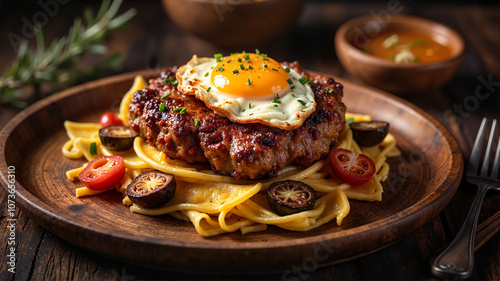 Juicy hamburger steak with fried egg on pasta photo