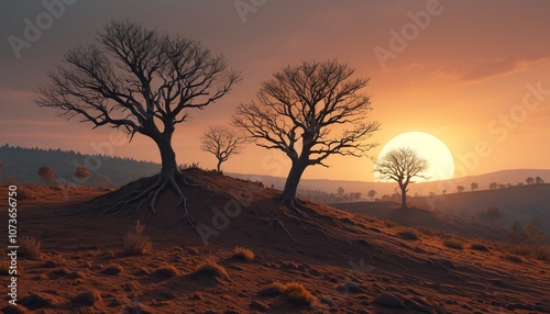 A dreary clay hill with lifeless trees and a sun setting low, casting an empty, hopeless glow, Generative AI