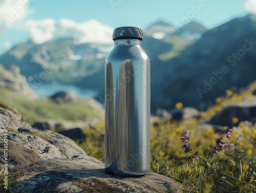 A reusable water bottle with a natural background for environmental and zero-waste. With copy space. 