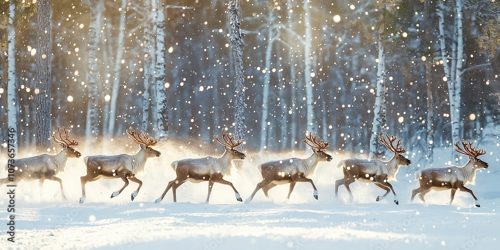 A herd of deer are running through the snow. There are five deer in the group. The deer are all facing the same direction A herd of deer are running through the snow. There are five deer in the group. The deer are all facing the same direction