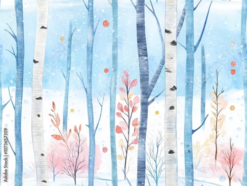 A serene watercolor scene of birch trees and delicate foliage blending soft blues and pastels, evoking a tranquil winter ambiance.