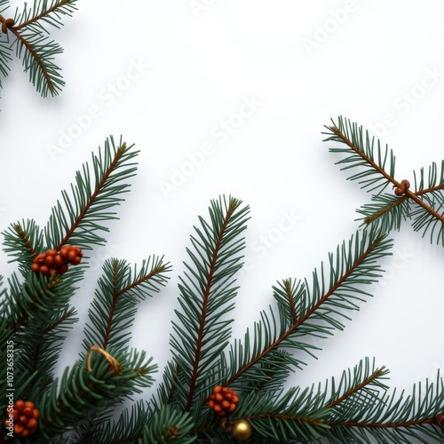 Fresh pine branches on white background seasonal border frame christmas isolated