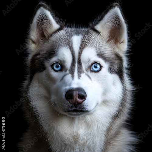 A striking portrait of a Siberian Husky with piercing blue eyes against a dark background, showcasing its unique features and expressive face