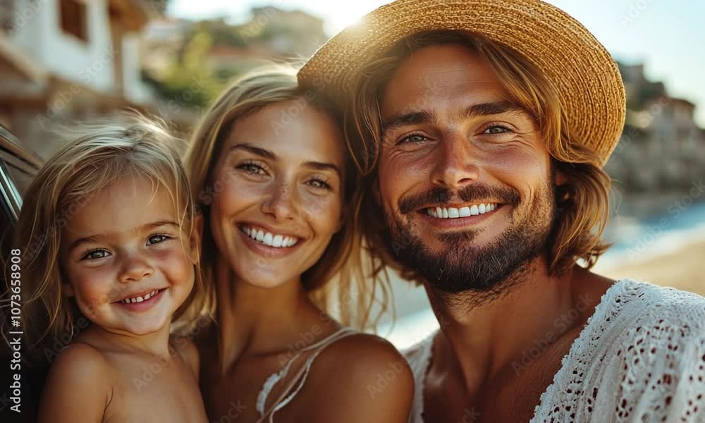 A joyful family portrait on a sunny beach day. A joyful family portrait on a sunny beach day.