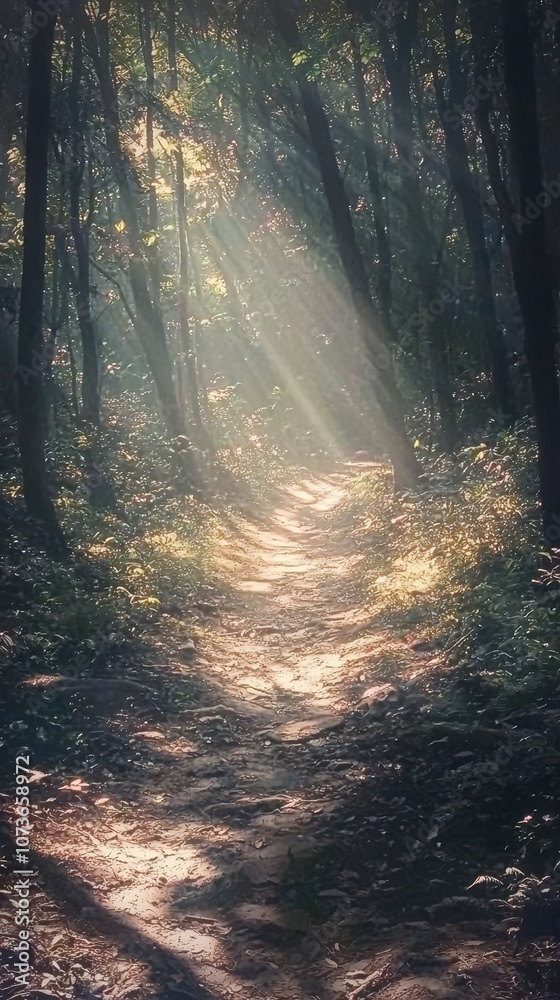 Fototapeta premium Explore the serene beauty of a blurry forest path with sunlight filtering through trees