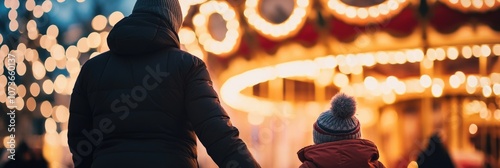 Parent and Child Holding Hands at Carousel with Bright Lights