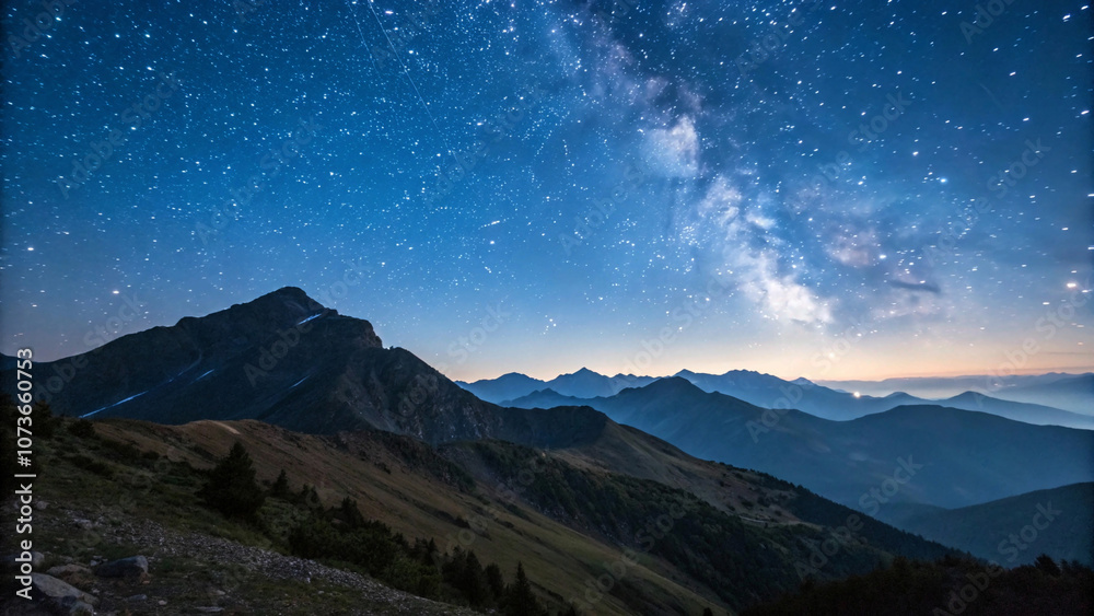 Mountain scene at twilight with a clear view of the starry sky Mountain scene at twilight with a clear view of the starry sky