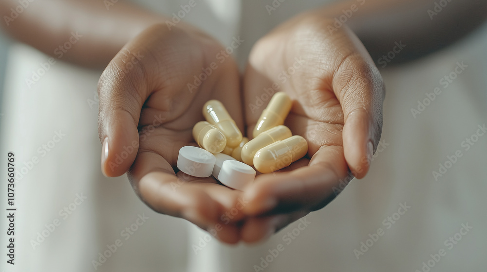 Close up of woman showcasing dietary supplements in pill container Close up of woman showcasing dietary supplements in pill container