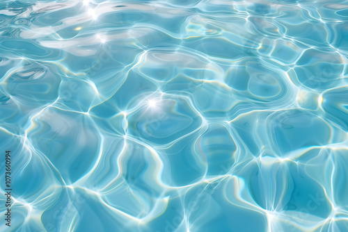 It is a photo of a swimming pool with ripples of water and sunlight shining through the water. The water is blue and clear.