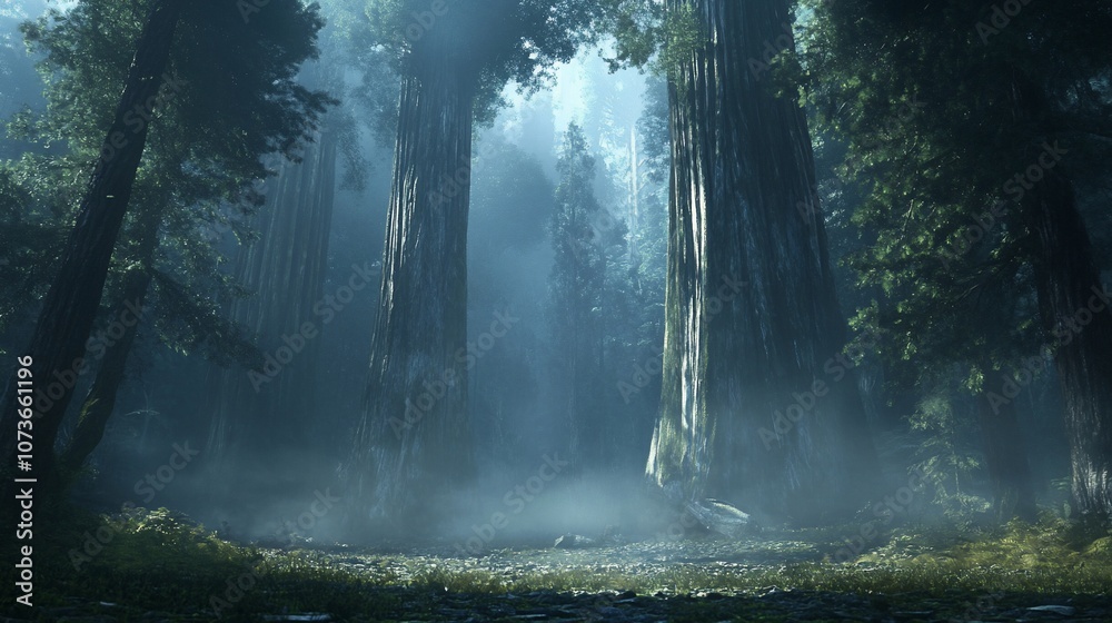 A mystical forest with tall trees, sunlight shining through the fog, and a stream in the foreground. A mystical forest with tall trees, sunlight shining through the fog, and a stream in the foreground.