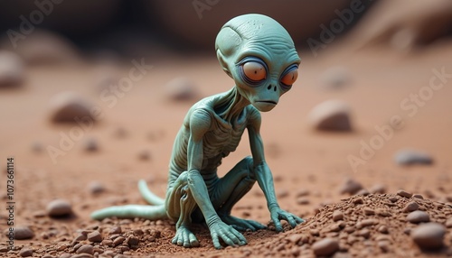 A small, mournful alien staring at the ground, with a slouch and closed eyes, Generative AI