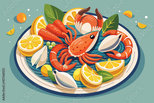 Fresh Seafood Platter Vector Illustration