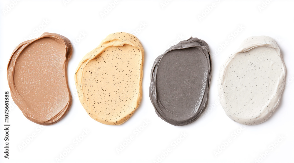 Fototapeta premium Four skincare cream swatches in brown, beige, gray, and white on a white background