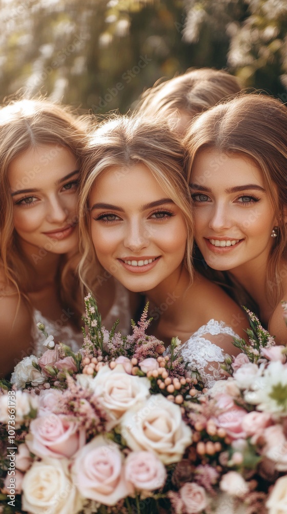 Three women are posing for a picture with flowers in the background