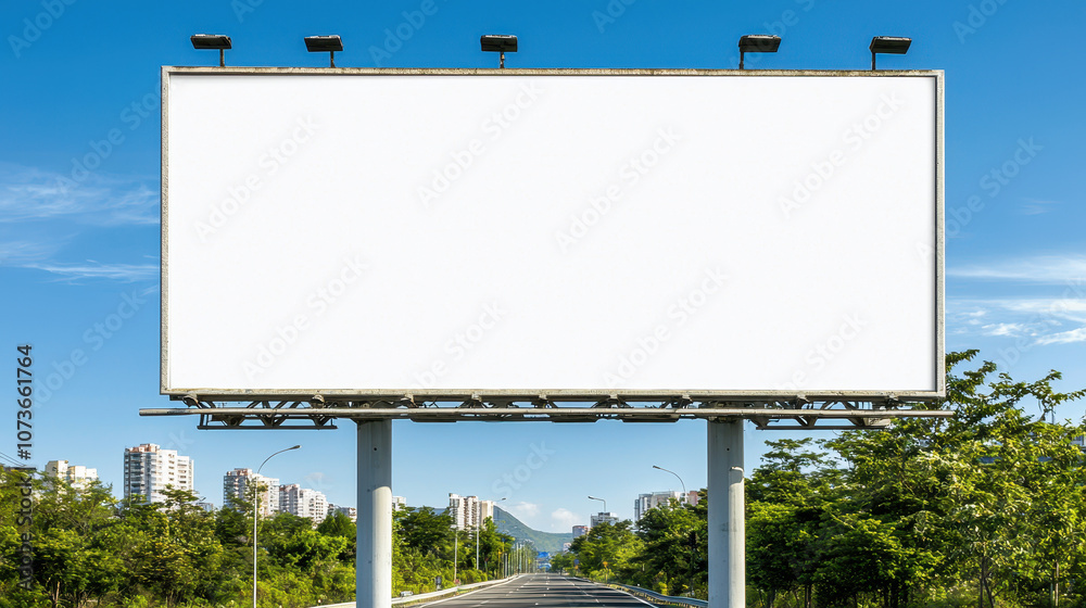 Features empty billboard placed roadside which - situated end bridge