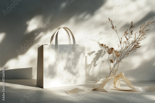 A shopping bag with blank white space, placed on a gray surface with soft natural light casting shadows, surrounded by minimal accessories like a ribbon and dried flowers. photo