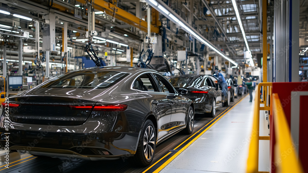 Modern Car Assembly Line in High-Tech Production Factory Modern Car Assembly Line in High-Tech Production Factory
