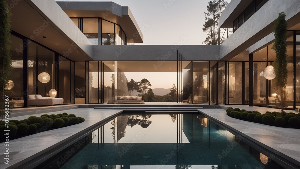 A grand, contemporary luxury mansion with a sleek and elegant design, featuring large glass windows, symmetrical architecture, and a polished stone exterior.