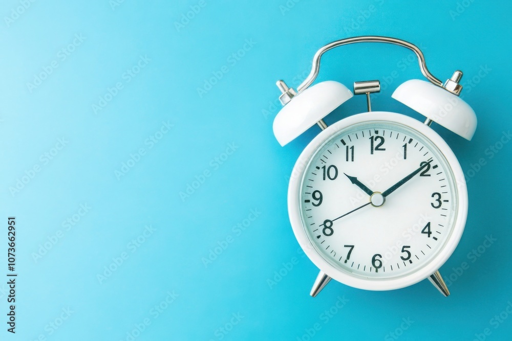 Classic white alarm clock on blue background Classic white alarm clock on blue background