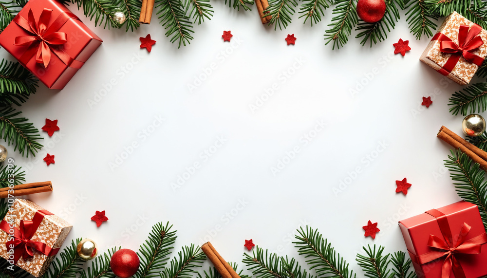 Christmas frame with presents, balls and cinnamon on warm background Christmas frame with presents, balls and cinnamon on warm background