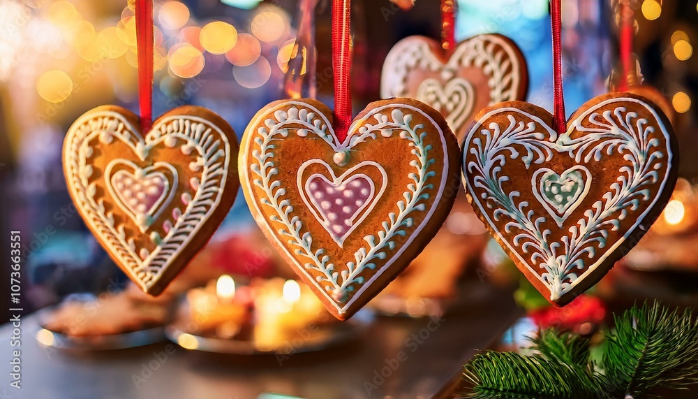 Handcrafted heart-shaped gingerbread cookies decorated with icing, hanging as Christmas decor Handcrafted heart-shaped gingerbread cookies decorated with icing, hanging as Christmas decor