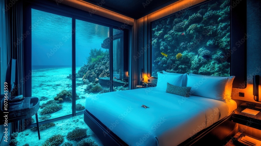 Fototapeta premium Modern bedroom with panoramic underwater view through large window.