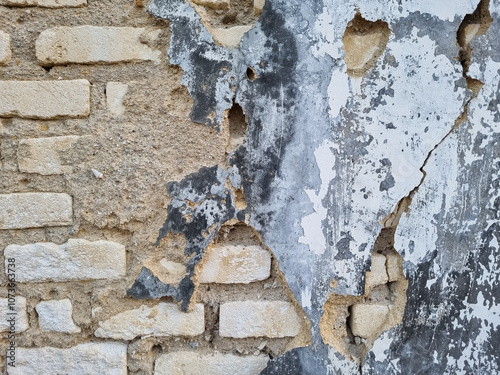 The gray white walls with white bricks were cracked and corroded like an abstract art painting photo