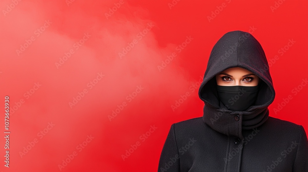 Mysterious woman in hoodie stands confidently against striking red background with smoke effects Mysterious woman in hoodie stands confidently against striking red background with smoke effects