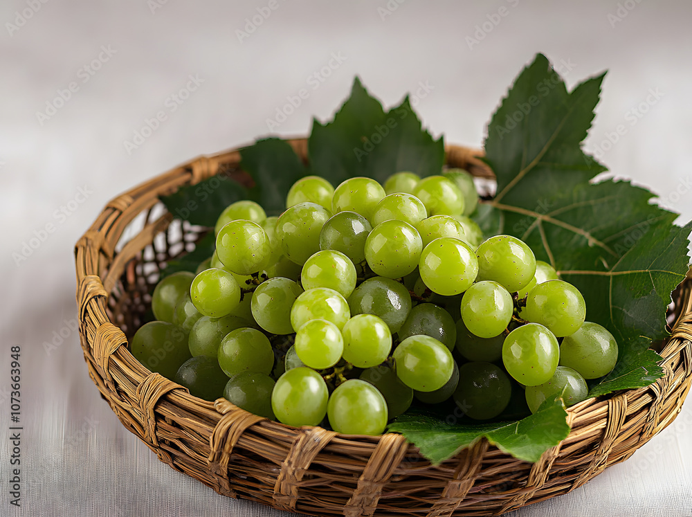 Close-up of shine muscat and green grapes with leaves on bamboo basket, South Korea