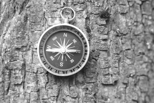 Classic navigation compass on natural background