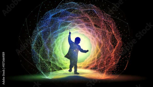 Whimsical Silhouette of a Child Emerging Through a Colorful, Ethereal Portal