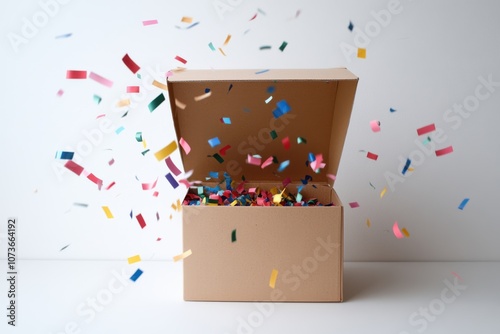 An open box bursts with vibrant, colorful ribbons and confetti, capturing a moment of surprise and festive celebration against a white background.