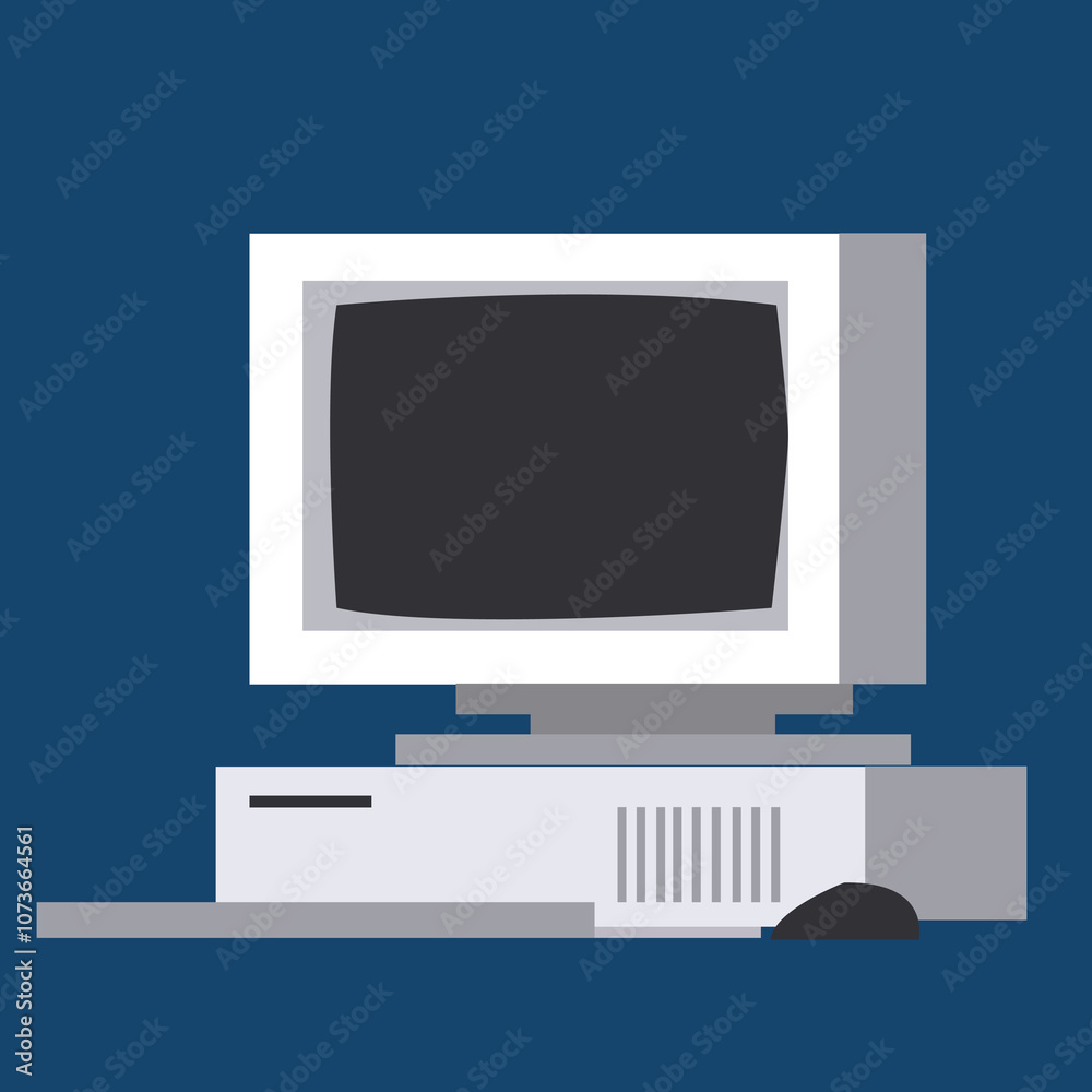 Retro computer with screen and keyboard. Computer 80-90s. Front faced. 