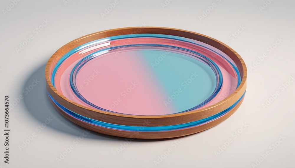 A round glass plate with a wooden border, painted with hues of pink and blue, Generative AI A round glass plate with a wooden border, painted with hues of pink and blue, Generative AI