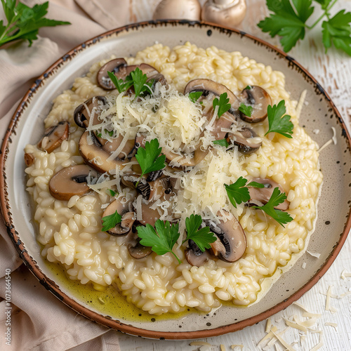 Delicious Creamy Mushroom Risotto Close-Up, light background, rustic