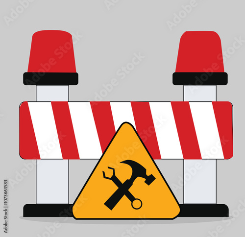 A construction zone is marked with a safety sign, cone, and hard hat