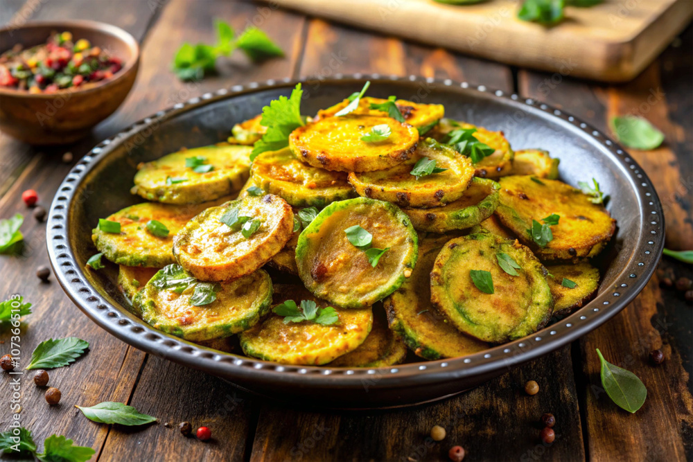 Golden fried pointed gourd slices, garnished with herbs, appetizing Indian cuisine Golden fried pointed gourd slices, garnished with herbs, appetizing Indian cuisine