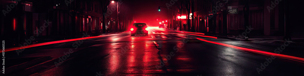 An empty street, lit only by flashing red lights. An empty street, lit only by flashing red lights.