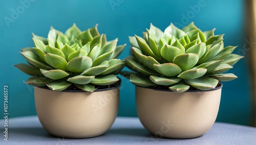 Succulents in Pots on Grey Table with Blue Background