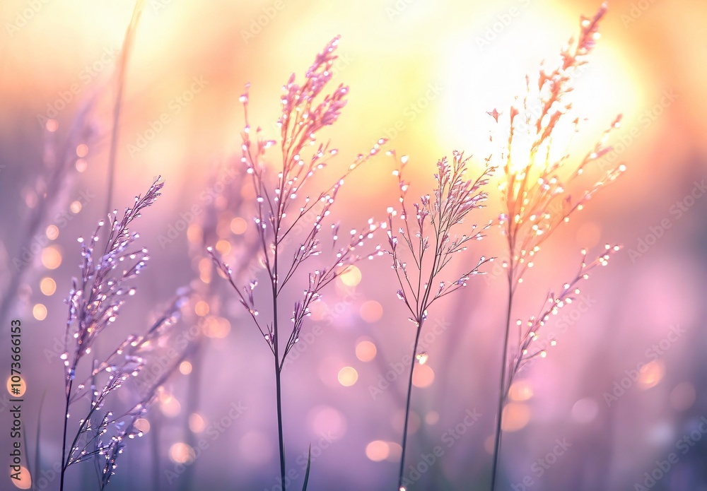 Dew-Kissed Grasses at Sunrise, Dreamy Meadow Dew-Kissed Grasses at Sunrise, Dreamy Meadow