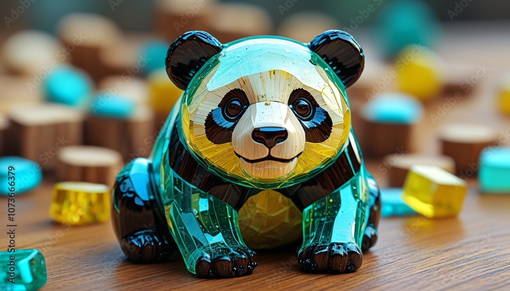 Fototapeta premium A vibrant glass panda with wooden patches, splashed with hues of teal and yellow, Generative AI