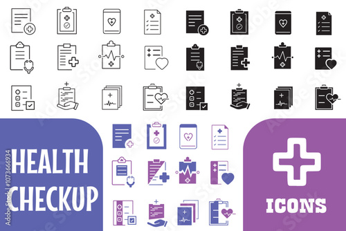 Medical health checkup icons set. Vector illustration of medical, diagnosis, check-up, analysis, hospital, record, information, clipboard. Health medical signs illustration