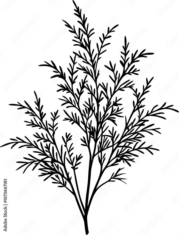 Minimalist black and white botanical illustration of a delicate leafy branch in silhouette style Minimalist black and white botanical illustration of a delicate leafy branch in silhouette style