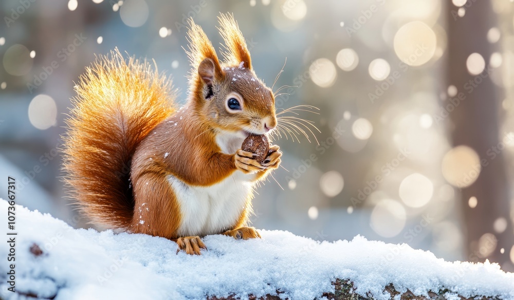 Red squirrel nibbling on a nut in winter sunlight Red squirrel nibbling on a nut in winter sunlight