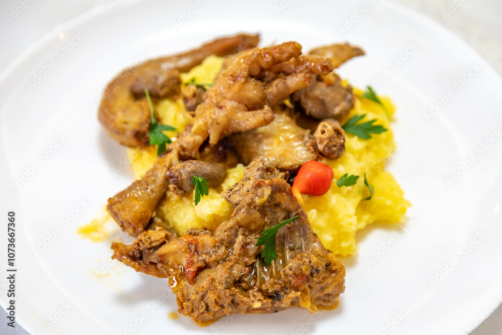 Traditional and rustic Brazilian dish, free-range chicken with polenta. Real food Traditional and rustic Brazilian dish, free-range chicken with polenta. Real food