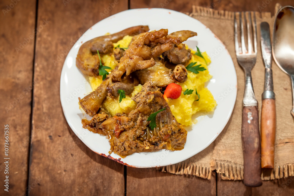 Traditional and rustic Brazilian dish, free-range chicken with polenta. Real food Traditional and rustic Brazilian dish, free-range chicken with polenta. Real food