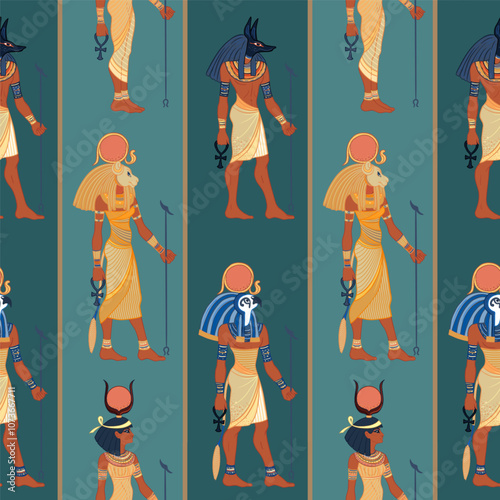 Ancient Egypt. Vintage seamless pattern with Egyptian gods and symbols. Retro hand drawn vector repeating illustration. Ra, Isis, Anubis, Sekhtmet, Cleopatra, pyramid.