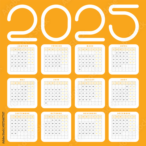 Calendrier 2025 orange, Design Vectoriel simple de calendrier Français nouvelle année 2025