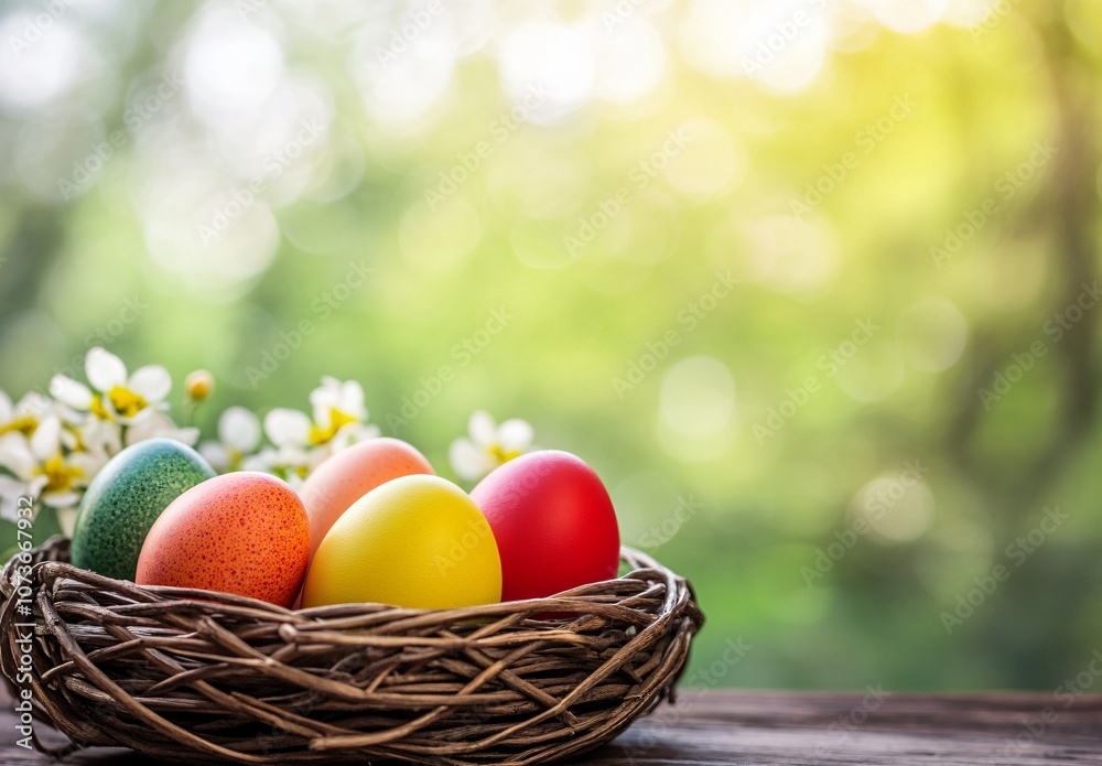 Colorful Easter Eggs in Nest with Spring Flowers Colorful Easter Eggs in Nest with Spring Flowers